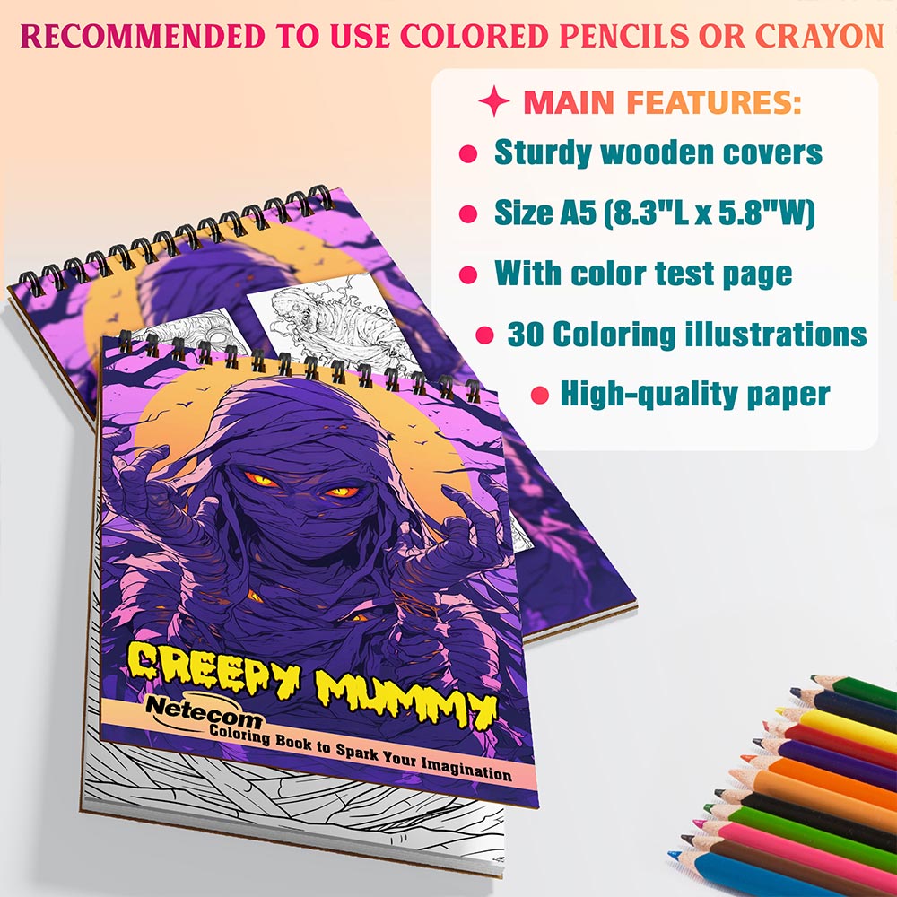 Netecom Creepy Mummy Coloring Book for Adults, A5 Wooden Cover, 30 Spooky Coloring Pages of Ancient Mummies for Stress Relief and Relaxation, Spiral Bound Edition