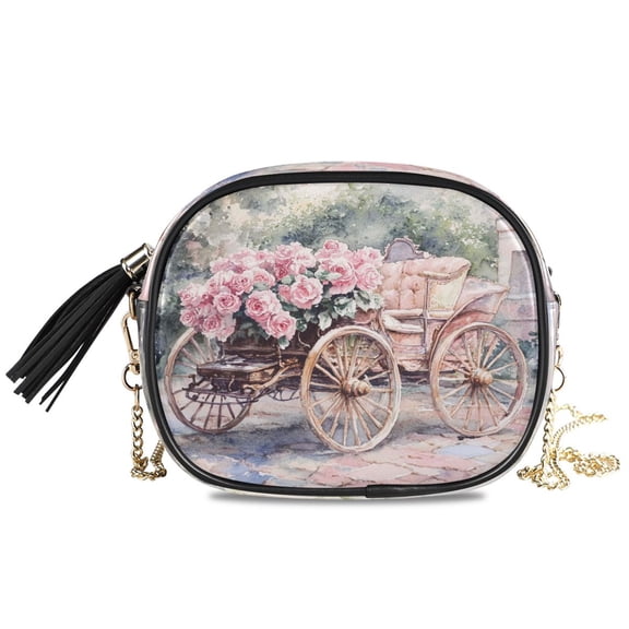 Womens Casual Chain Shoulder Bag Simple style Victorian Carriage Roses Pattern Crossbody Bag
