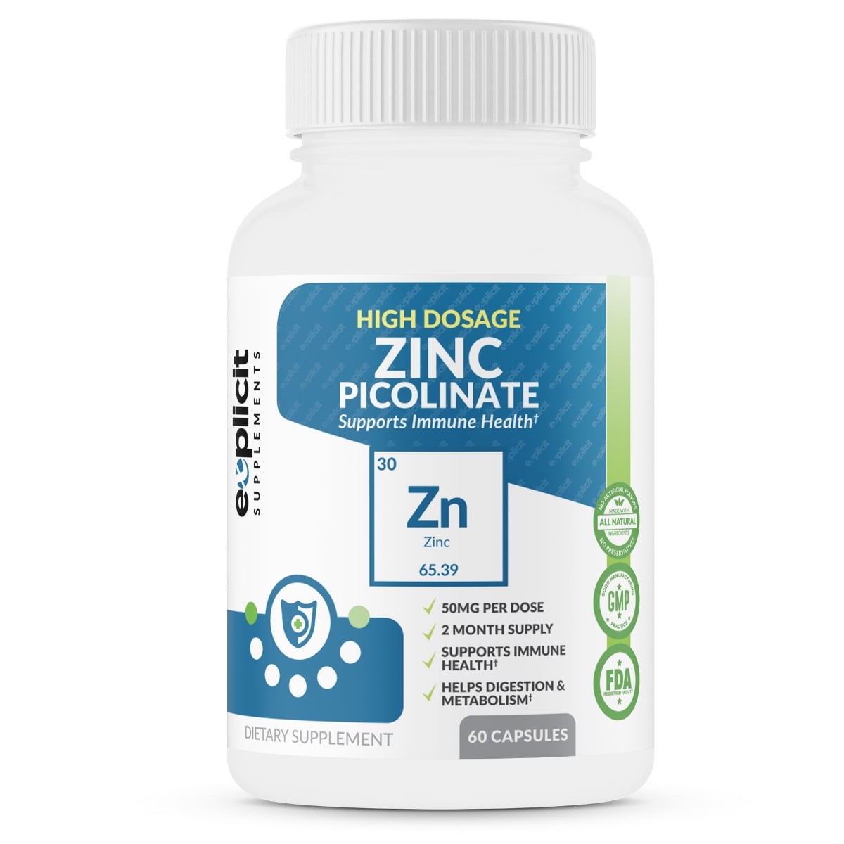 All Natural Zinc Supplement 50mg High Dose Zinc Picolinate (50mg) for