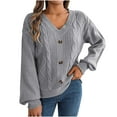 thumbnail image 2 of Amidoa Lantern Sleeve Womens Sweaters Cable Knit V-Neck Gray Fashion Buttons Solid Sweaters Cardigans for Women Trendy S, 2 of 8