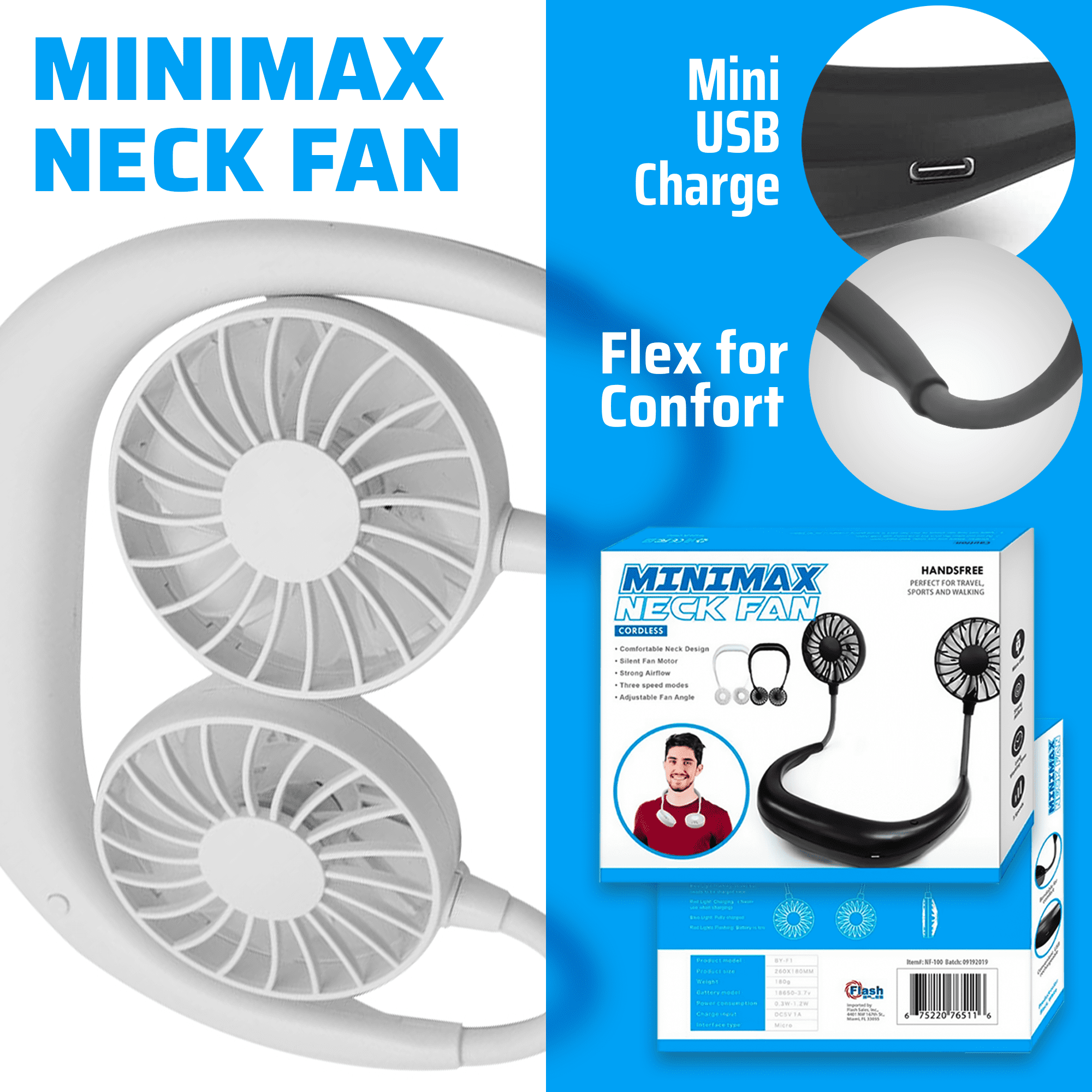 Mini Max Portable Rechargeable Necklace Fan - Hands Free Neck Fan, Bendable, 3 Speeds, 360 Degrees Rotation, for Outdoor, hikes, Menopause Hot Flashes, Fishing, Beach, 8 Hrs Battery (White Led Fan)