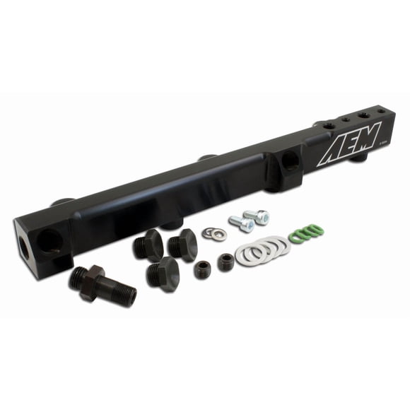 AEM Electronics Fuel Injector Rail 25-104BK High Volume; Anodized; Black; Aluminum; 1/2 Inch bore Diameter; 9/16-18 Inch Threads; Single; With Fittings/Fuel Injector O-Rings