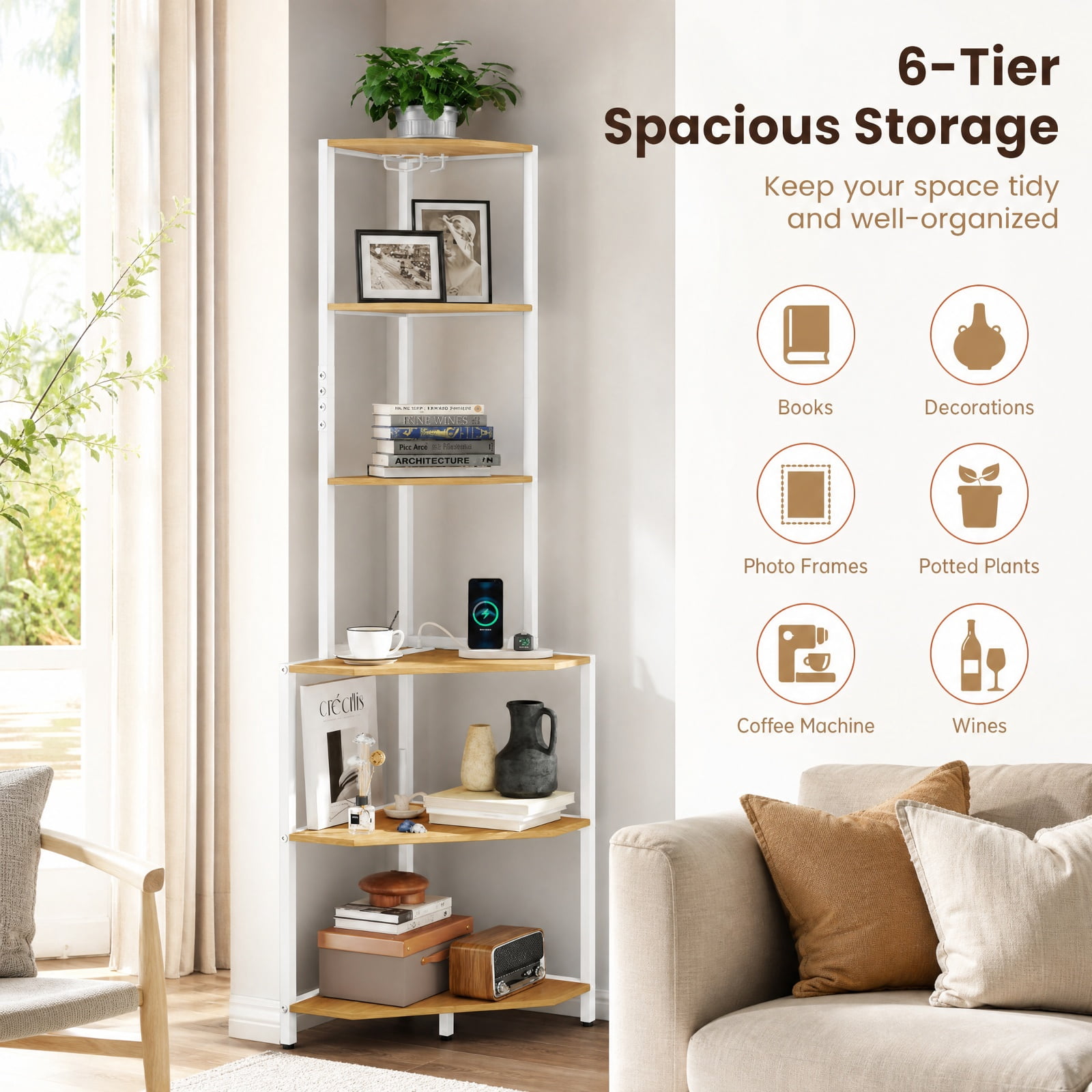 Furnibear 65 Inch 6-Tier Corner Shelf with Charging Station and Ambience Light for Living Room Home Office Bedroom Display Storage Shelf, Natural