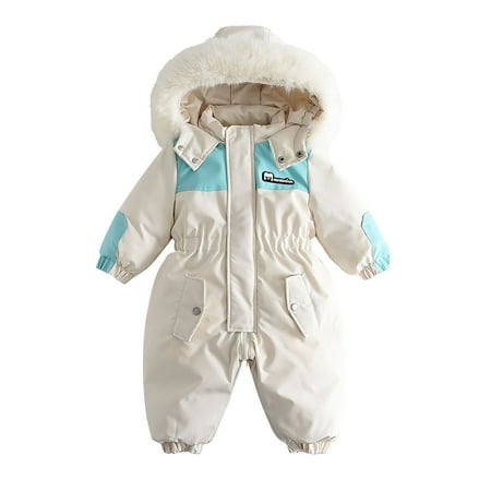 Xfvqtps Snowsuit One Piece Fake Fur Hooded Rompers Keep Warm Color Blocking Waterproof Windproof Winter Jumpsuits White