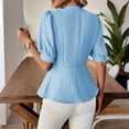 thumbnail image 5 of Mifsaly Womens Peplum Tops V Neck Puff Sleeve Button Down Shirts Ruffle Hem Fitted Waist Summer Casual Elegant Tunic Top Light Blue,XL, 5 of 7