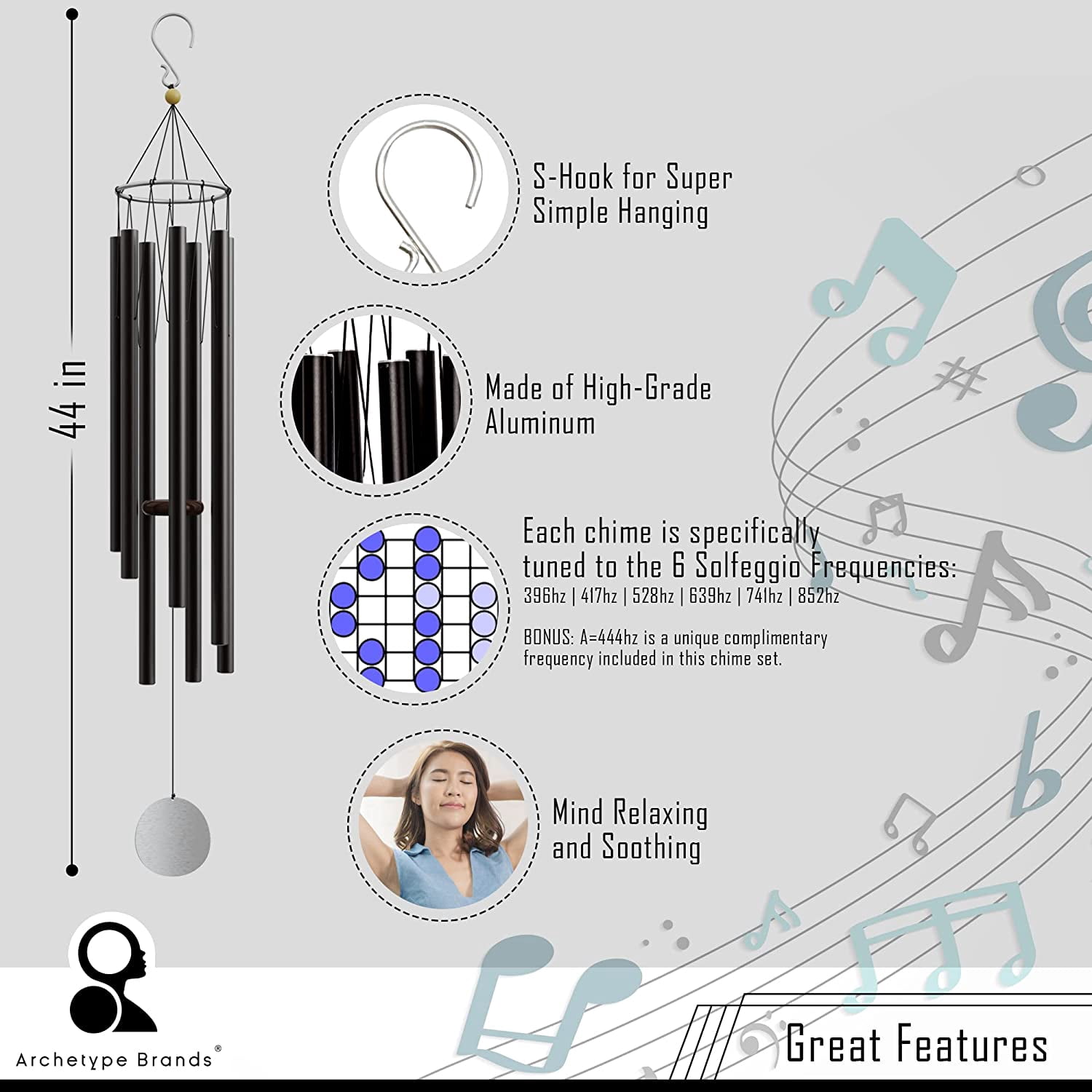 Solfeggio Wind Chimes 528hz Healing Tones Frequencies 44 inch Black