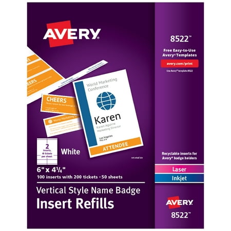 Size 6x 4.25 Avery Name Badge and Ticket Inserts, 6 x 4.25, 100 Inserts (8522)