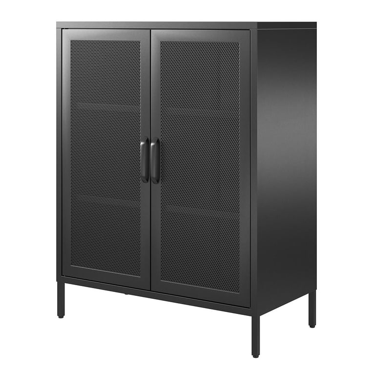 RealRooms Shadwick 2 Door Metal Locker Storage Cabinet-Mesh Metal Doors,  Black