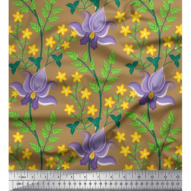 Soimoi Cotton Cambric Fabric Leaves & Floral Artistic Decor Fabric Printed Yard 42 Inch Wide