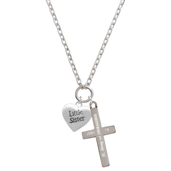Delight Jewelry Silvertone Little Sister Heart Be Strong and Courageous Engraved Cross Zoey Necklace, 28"