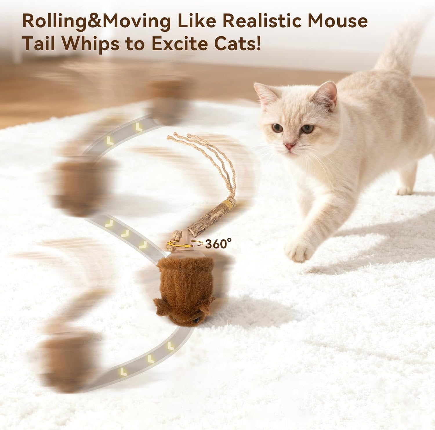 Interactive MigiMouse   360? Rolling & Spin with Wiggling Tail for Indoor Cats  Motion Sensor, Realistic Squeak, Rechargeable Plush Kitten  (Brown)