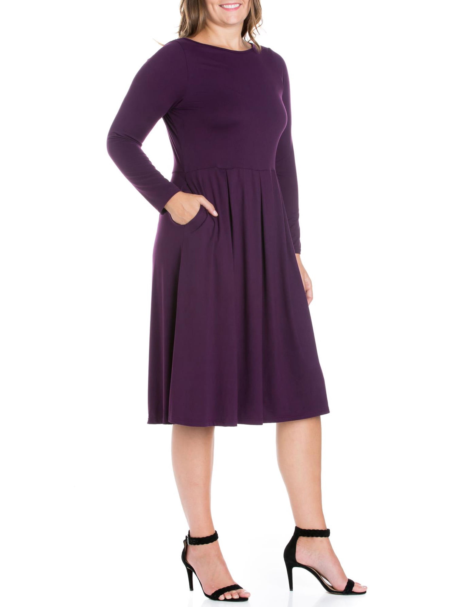 24seven Comfort Apparel Plus Size Long Sleeve Fit and Flare Midi Dress