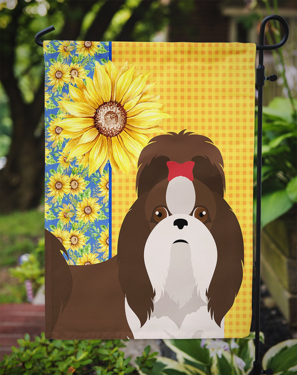 Summer Sunflowers Liver and White Shih Tzu Flag Garden Size 11.25 in x 15.5 in