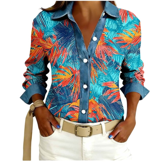 TaTaai Women Fashion Casual Waffle Knit Button Denim Lapel All Over Print Loose Long Sleeve Top for Daily Street Office Wear Gift