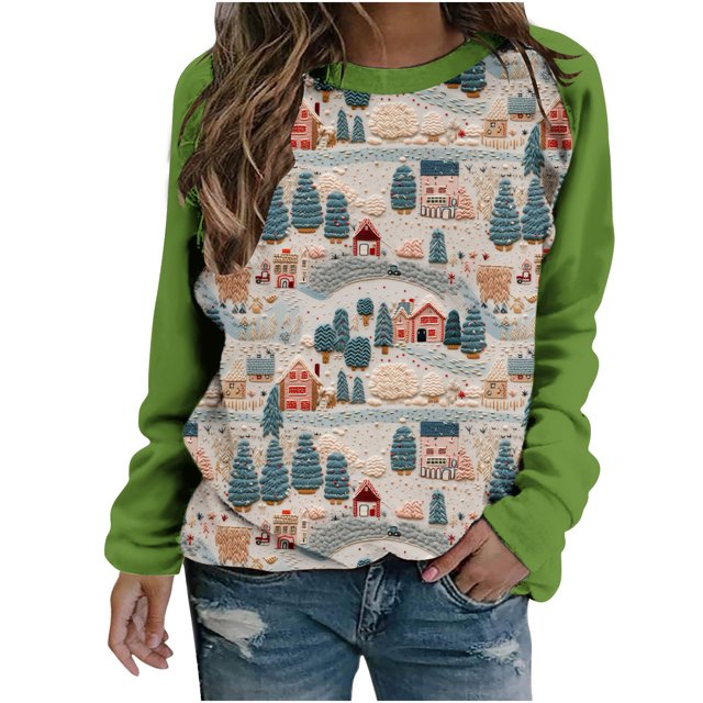 Birdeem Blouse de Noël Imprimée à Manches Longues pour Femmes, Col Rond, Tunique Décontractée