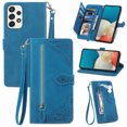 thumbnail image 1 of Tarise for Samsung A53 5G Wallet Case for Men Women, Galaxy A53 5G Cover, Embossed PU Leather Magnet Buckle Card Slots Zipper Pocket Lanyard Wrist Strap Handbag All-inclusive Protective Case, Blue, 1 of 8