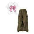 thumbnail image 2 of ECHFIPROM Big Girls Summer Outfit Short Sleeve Crew Neck Bow Print Top and Cargo Pants 2 Piece Set Casual Sports Age 8-15 Years,Army Green,9-10Years, 2 of 6