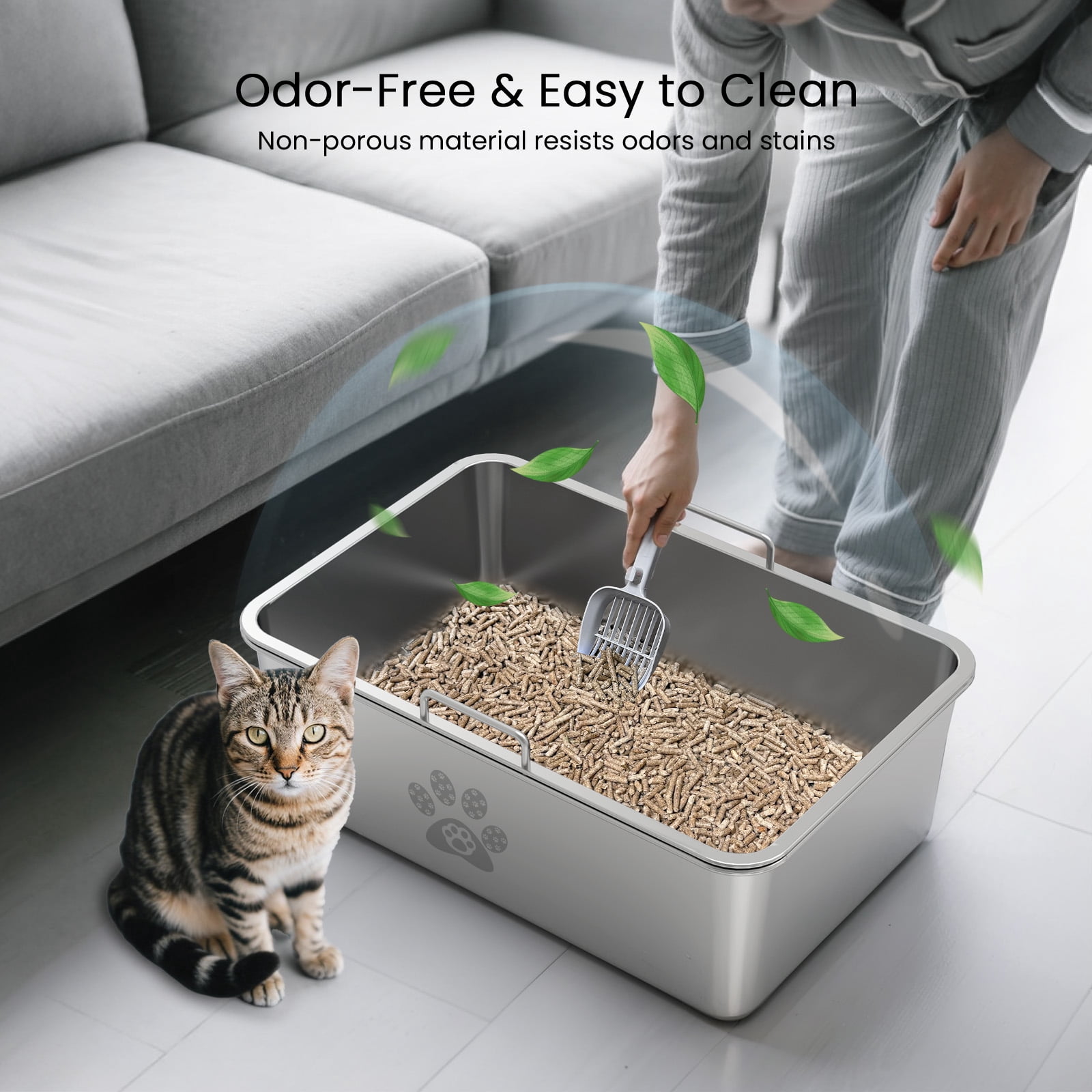 Ptlom Stainless Steel Sifting Litter Box for Pine Pellets 23.6" x 15.7" x 7.9", Extra Large Metal Litter Pan with Sifter