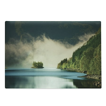 

Lake Cutting Board Mountain Reflection Natural Life Lovers Foggy Scene Panoramic Spring Themed Picture Decorative Tempered Glass Cutting and Serving Board in 3 Sizes by Ambesonne