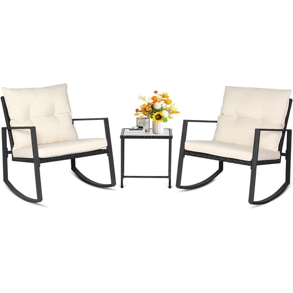 LiteHaven 3 Piece Outdoor Rocking Bistro Set Black Wicker Furniture Porch Chairs Conversation Sets with Glass Coffee Table Beige