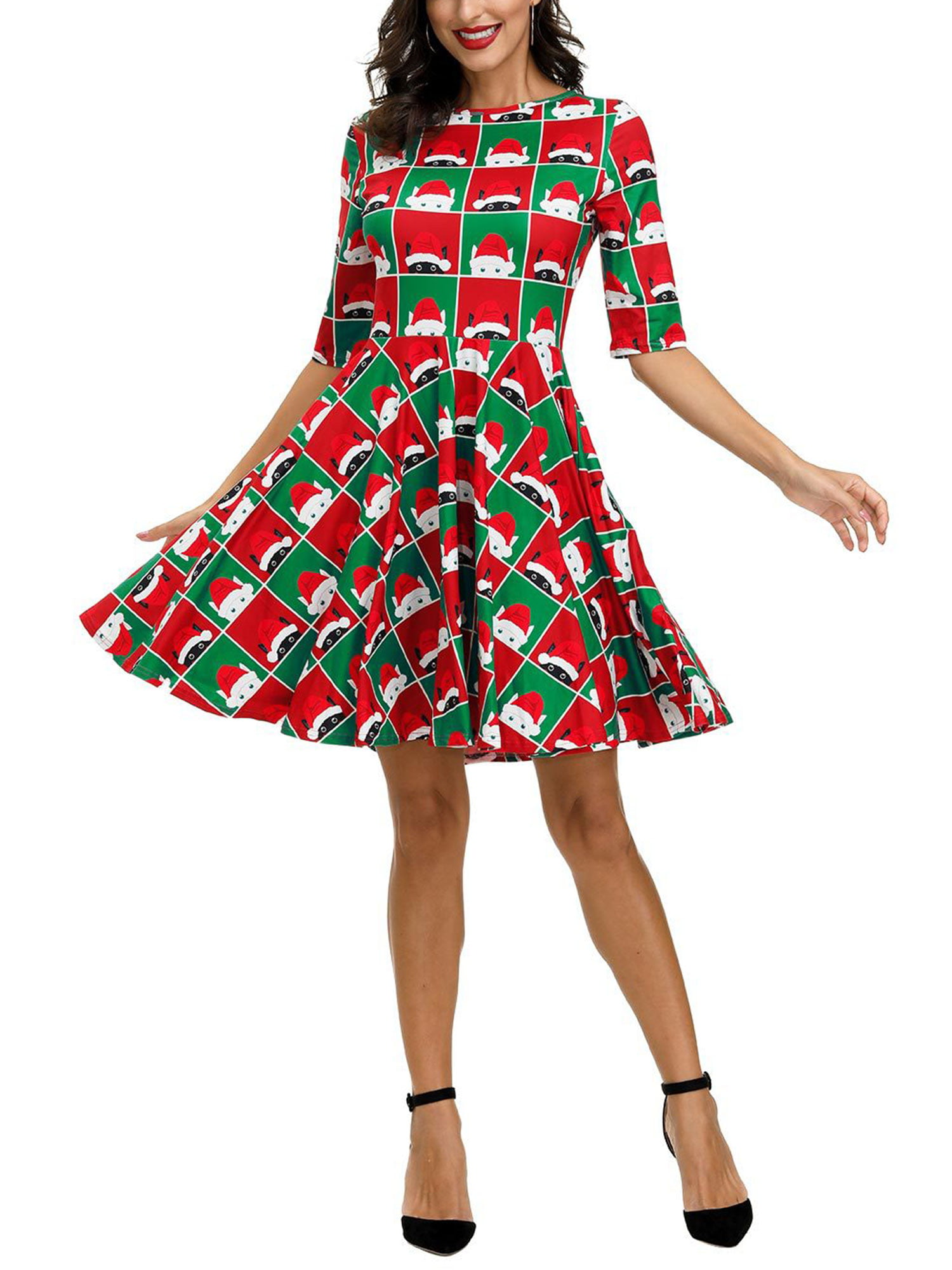 Vintage O-Neck Print Shirt Sleeve Evening Party Swing Pleated Dress Women's Christmas Dresses