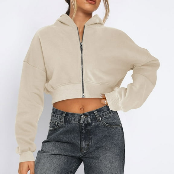 Women’s Cropped Zip Up Hoodie – Long Sleeve Lightweight Sweatshirt with Hood, Loose Fit Stylish Casual Outerwear for Fall, Spring & Everyday Wear Beige