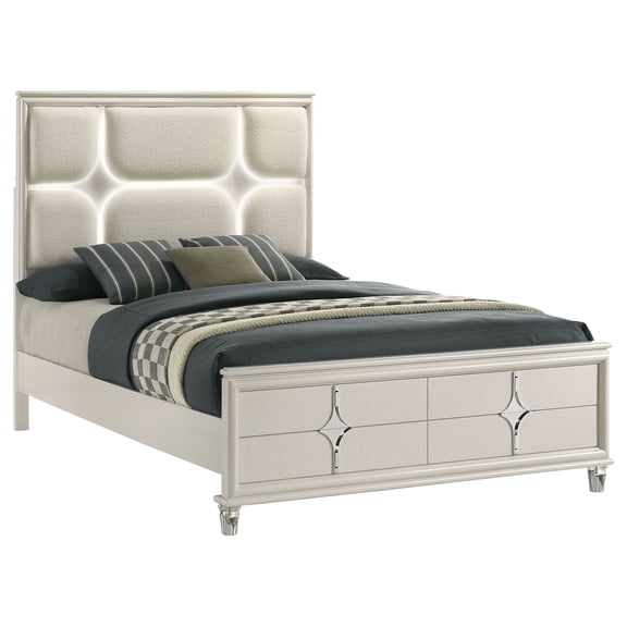 Olivia Queen Panel Bed LED Headboard Pearl White