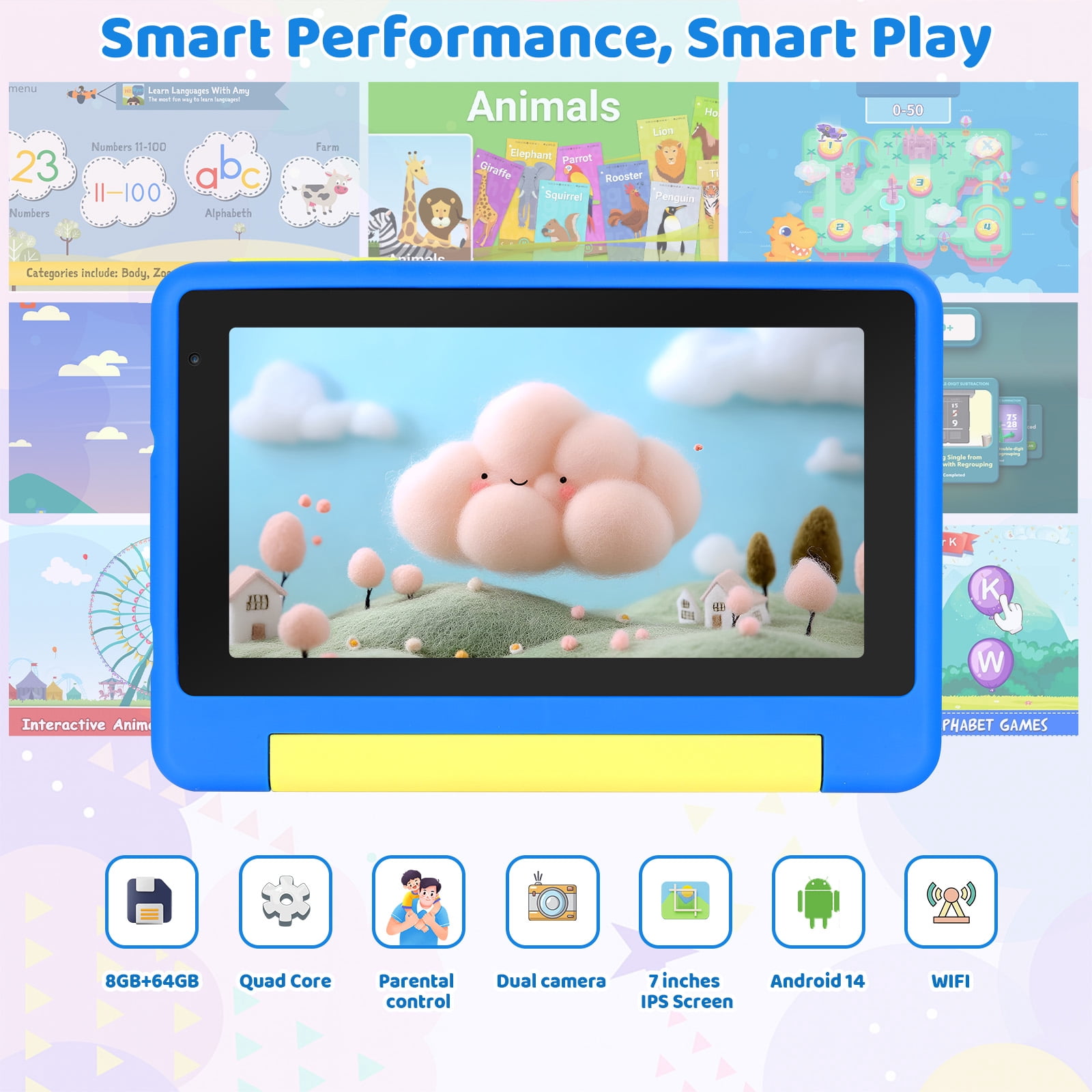 AEEZO 7 Inch Kids Tablet Bundle, 8GB RAM 64GB, Learning Tablet for Kids Ages 3-10 with Headphones Stylus Bag, Blue