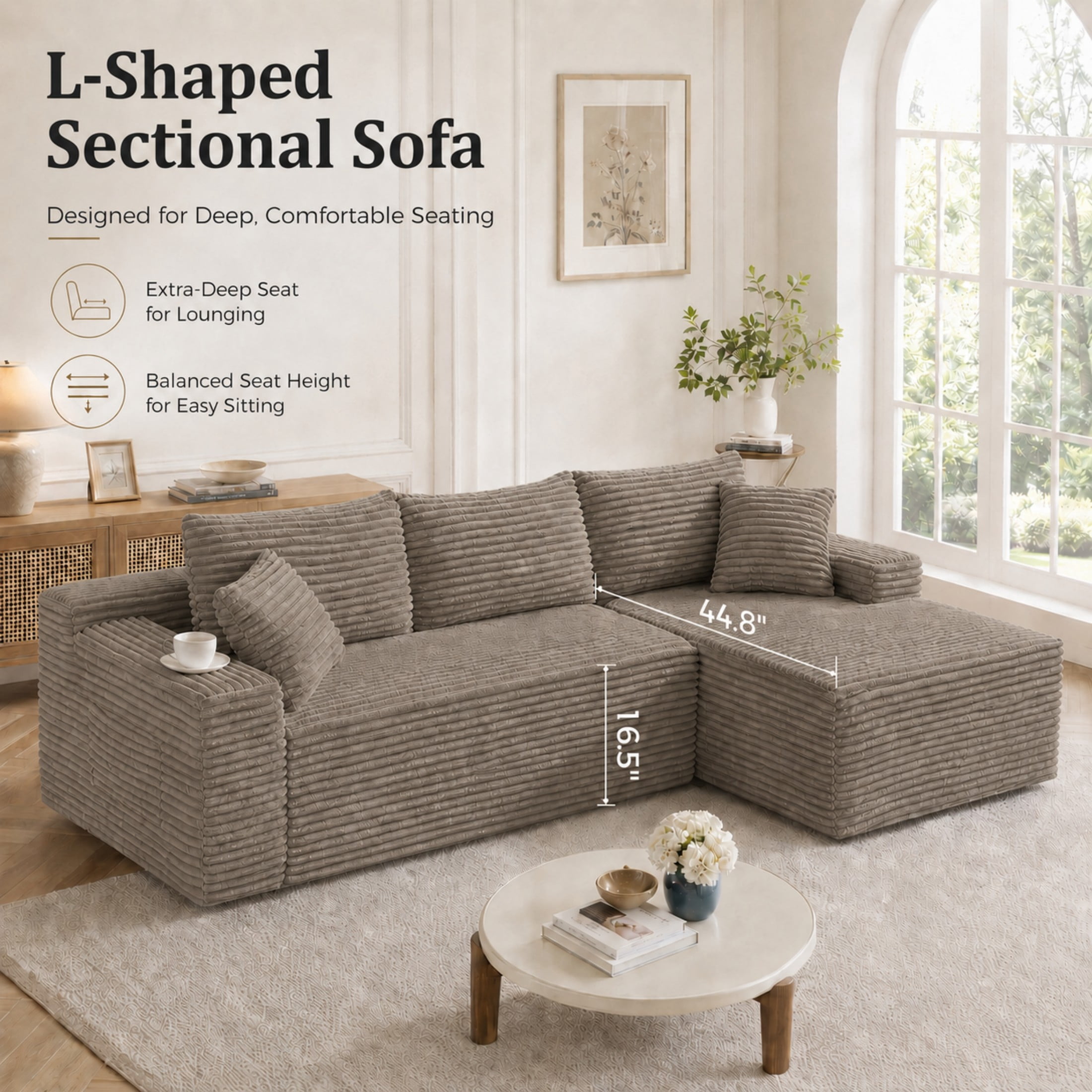 Aenkyo 106 Inch Corduroy L-Shaped Cloud Sectional Sofa with Reversible Chaise, Camel