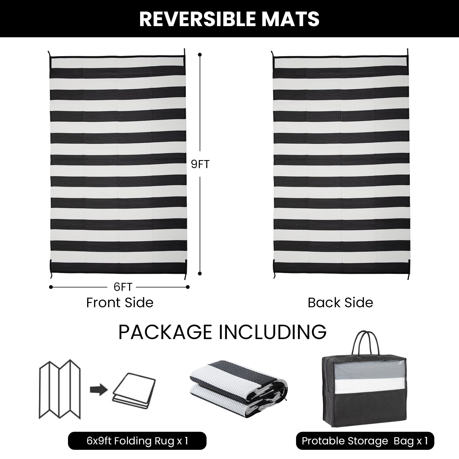 STRICKLANDHOME Outdoor Rug 6 x 9 ft, Reversible Plastic Straw Rug for Patio, Black & White
