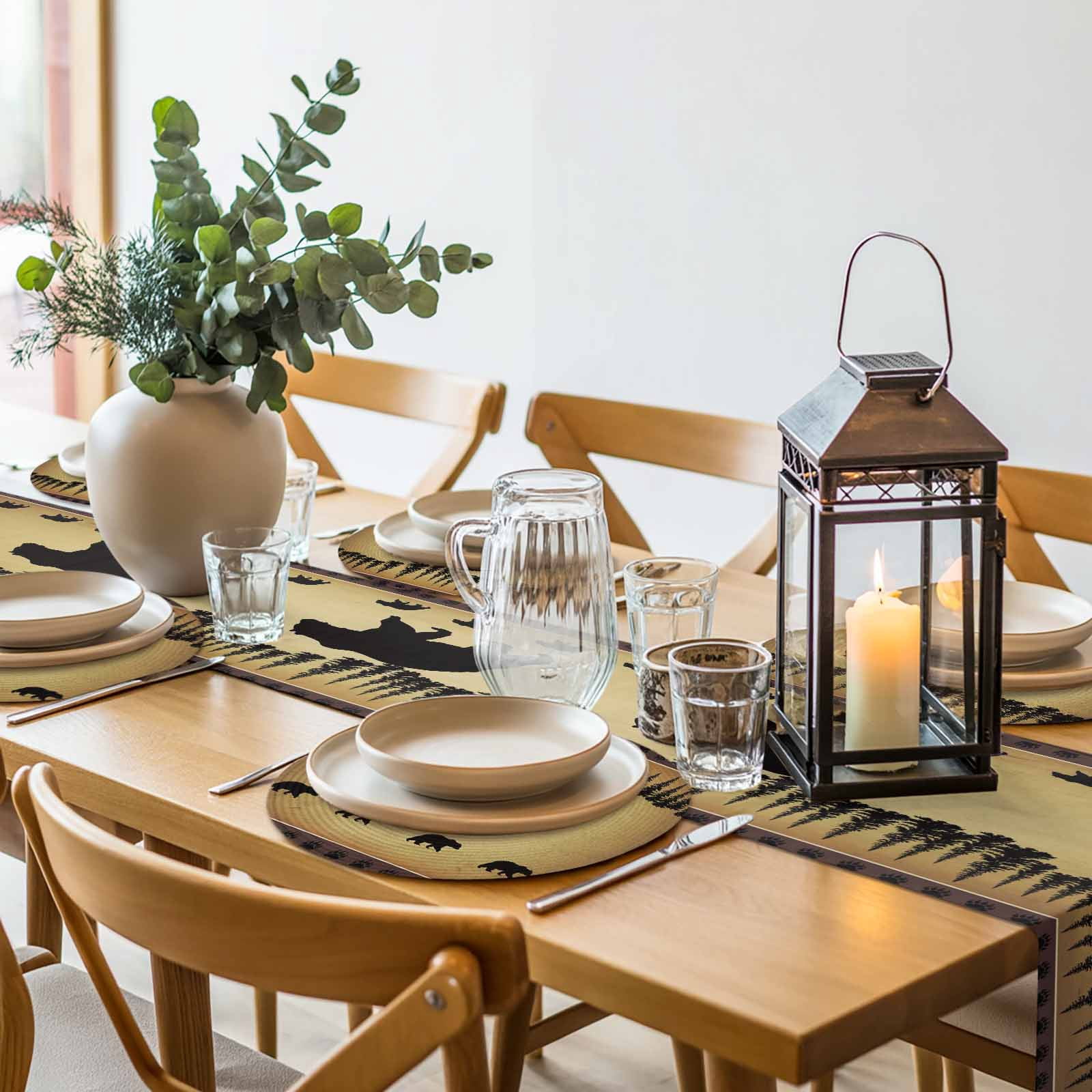 Black Vintage Forest Bear Round Table Placemats set of 6, Country Farmhouse Pine Washable Woven Place Mats for Dining Tables Kitchen Party Decor,Heat Proof, 13in, Brown