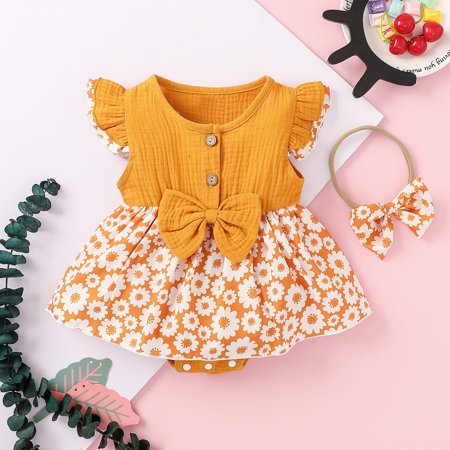 

Fidelma Girls Romper Newborn Infant Baby Girls Summer Cotton Linen Bow Floral Romper Dress Bodysuit Orange-90