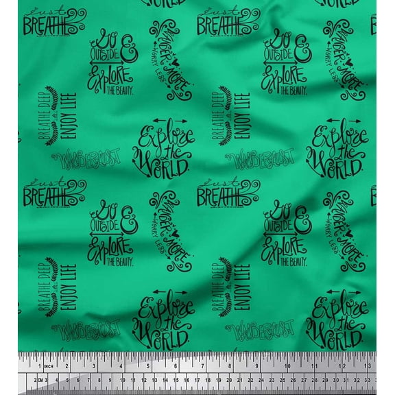 Soimoi Green Cotton Duck Fabric Explore The World Text Print Fabric by the Yard 42 Inch Wide