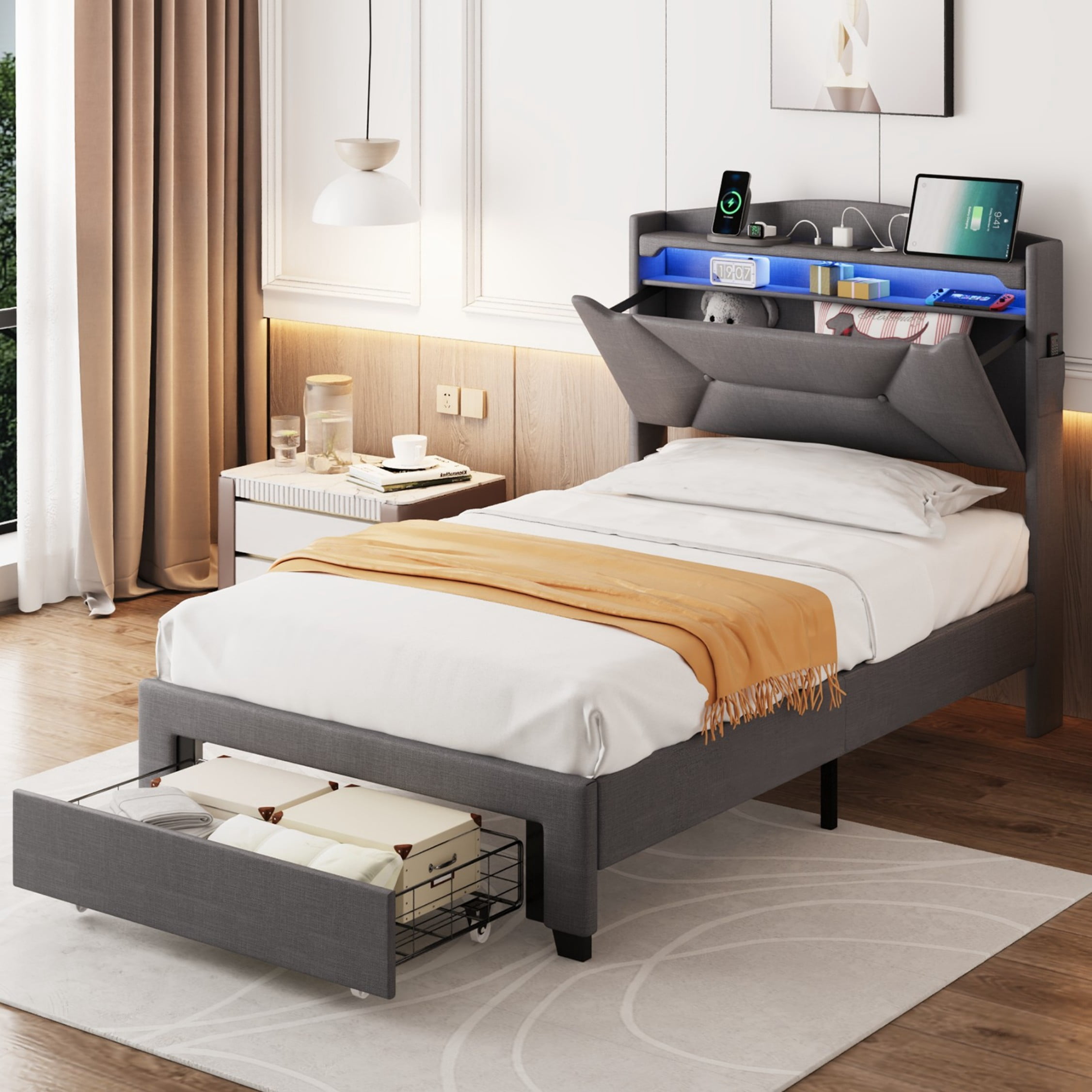 BSHTI Dark Gray Linen Twin Bed Headboard with LED Lights & USB Charging Station – Multi-Storage Upholstered Headboard with Open Shelves & Hidden Compartment – Easy Installation