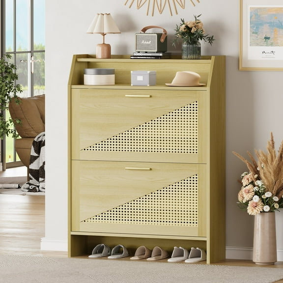 Vividwood Rattan Shoe Storage Cabinet with 2 Flip Drawers, Wooden Shoe Cabinet with Adjustable Shelf, Narrow Shoe Rack Organizer Cabinet for Entryway, Hallway, Living Room (Wood)