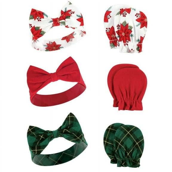 Hudson Baby Infant Girl Cotton Headband and Scratch Mitten Set, Poinsettia, 0-6 Months