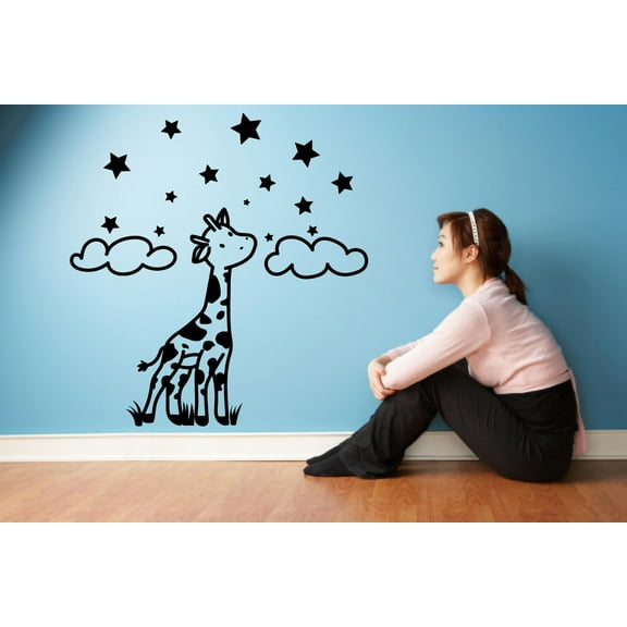 Cute Giraffe Starry Night Giraffes Cartoon Animal Wall Sticker Art Decal for Girls Boys Kids Room Bedroom Nursery Kindergarten House Fun Home Decor Stickers Wall Art Vinyl Decoration Size (10x10 inch)