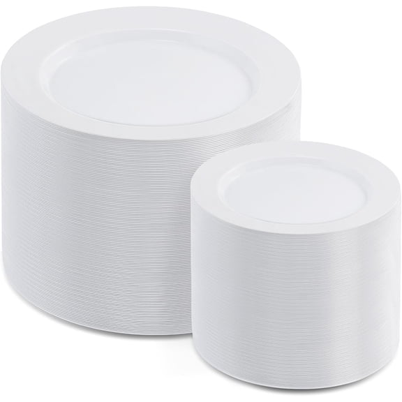 200 PCS White Plastic Plates, Premium Heavy Duty Disposable Plates for Party, 100 Dinner Plates & 100 Salad Dessert Plates, Sturdy Hard Plastic Dinnerware for Wedding, Events