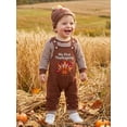 thumbnail image 5 of Loicainy Infant Baby Boy Thanksgiving Outfit 3 6 9 12 18 Months Striped Crew Neck Long Sleeve Romper Turkey Print Overalls and Hat 3 Pcs Clothes Set, 5 of 9