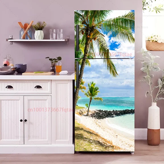 Beach Chair Mural Fridge Door Wrap Cover Waterproof PVC Kitchen Wallpaper Coconut Tree Refrigerator Door Sticker Decals