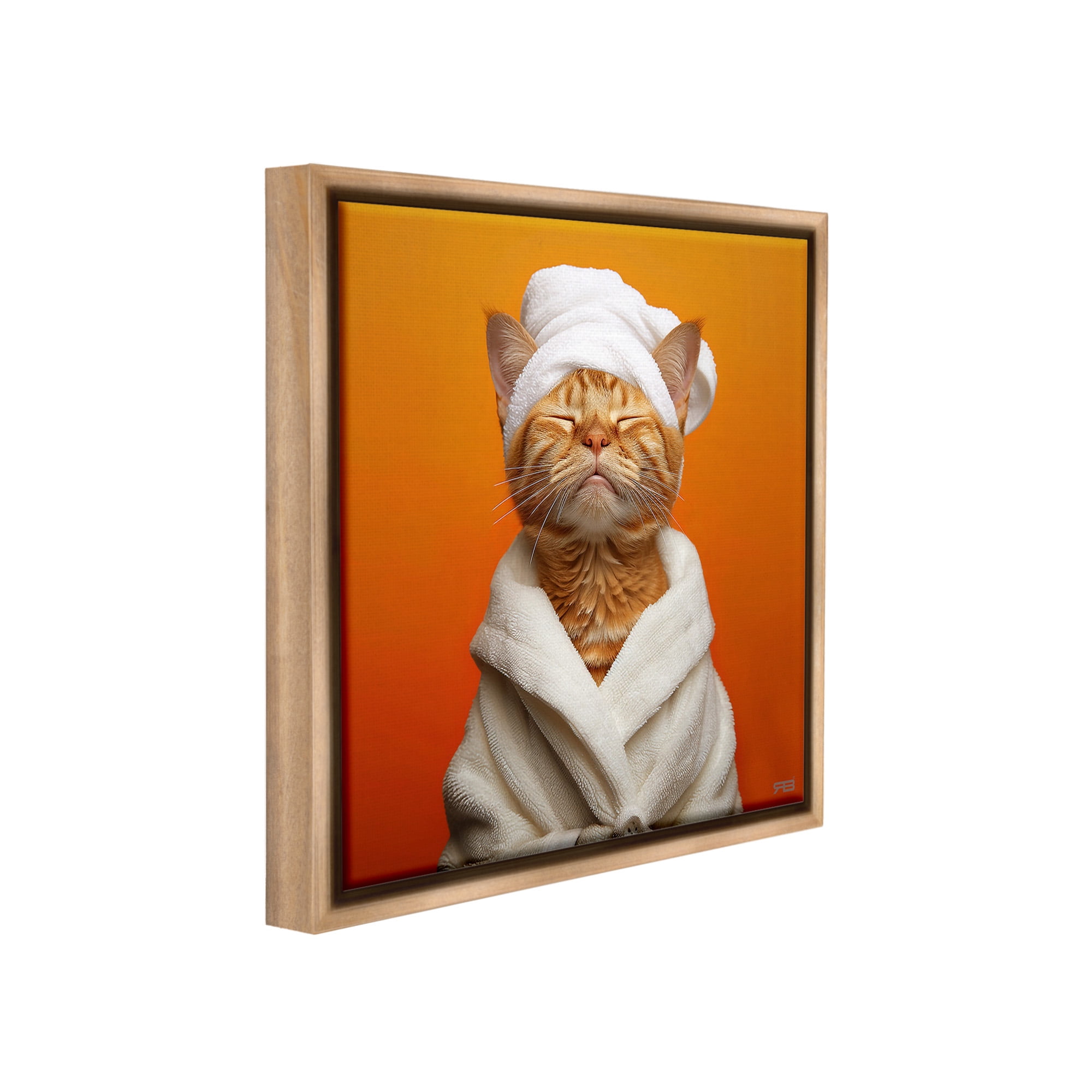 Stupell Industries Cat in Bathrobe Animals & Insects Painting Brown Floater Framed Canvas Art Print Wall Art, 18 x 18