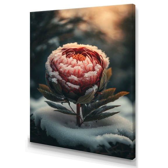 Designart A Blooming Red Peony Flower In Winter I Canvas Wall Art