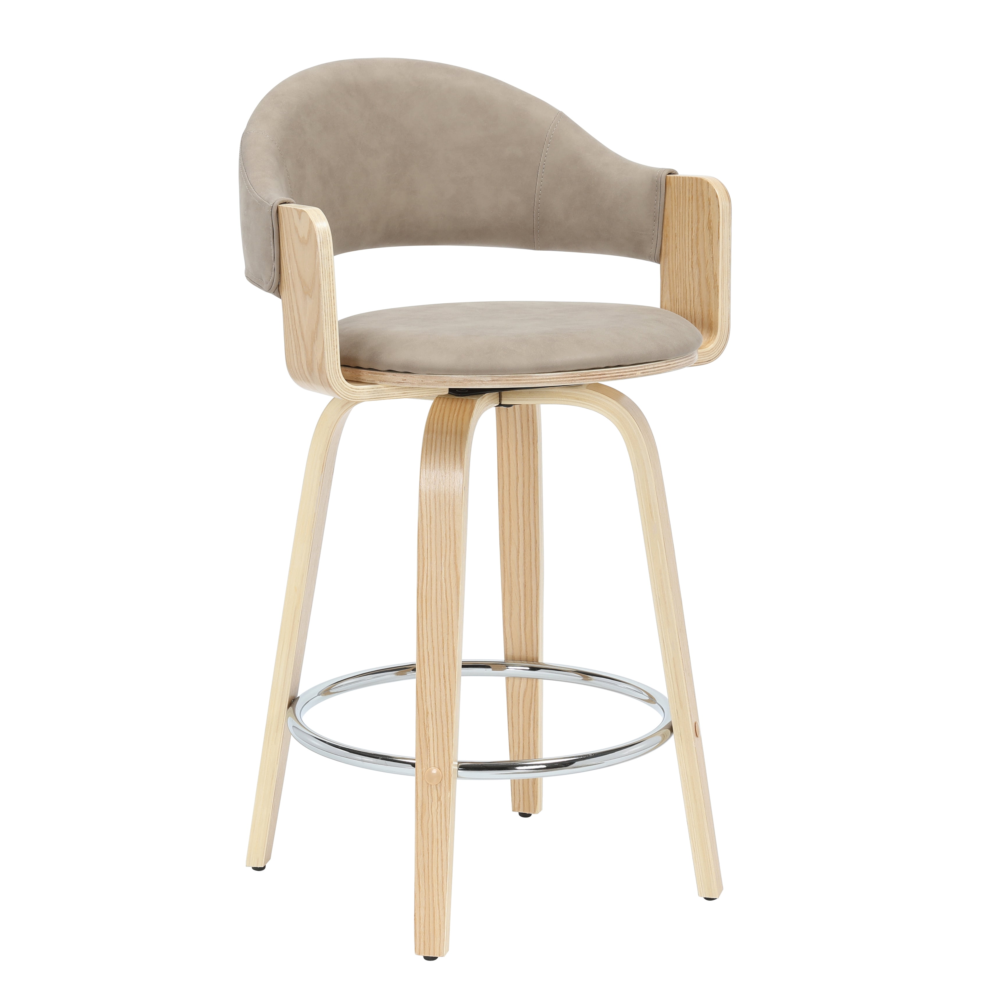 Daxton 36 in. H Swivel Counter Height Vintage Taupe Round Back Wood Bar Stool with Faux Leather Seat
