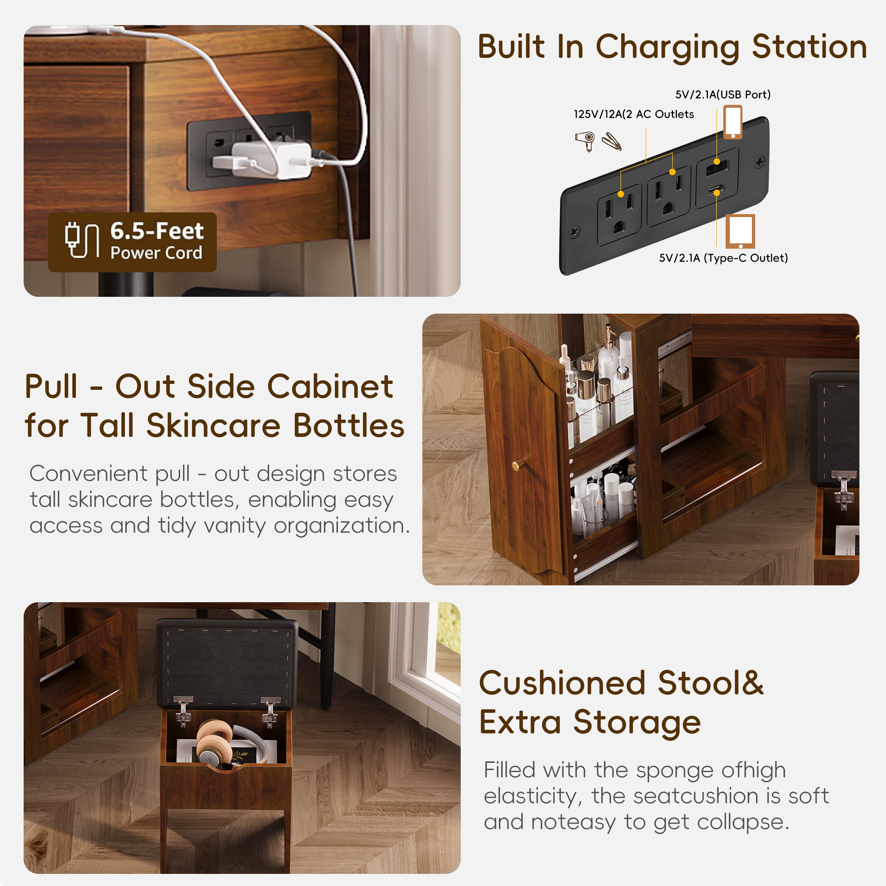 Aukfa Corner Vanity Set with Charging Station, Glass Desk & Removable Organizer Cabinet, Makeup Table with Stool,Walnut