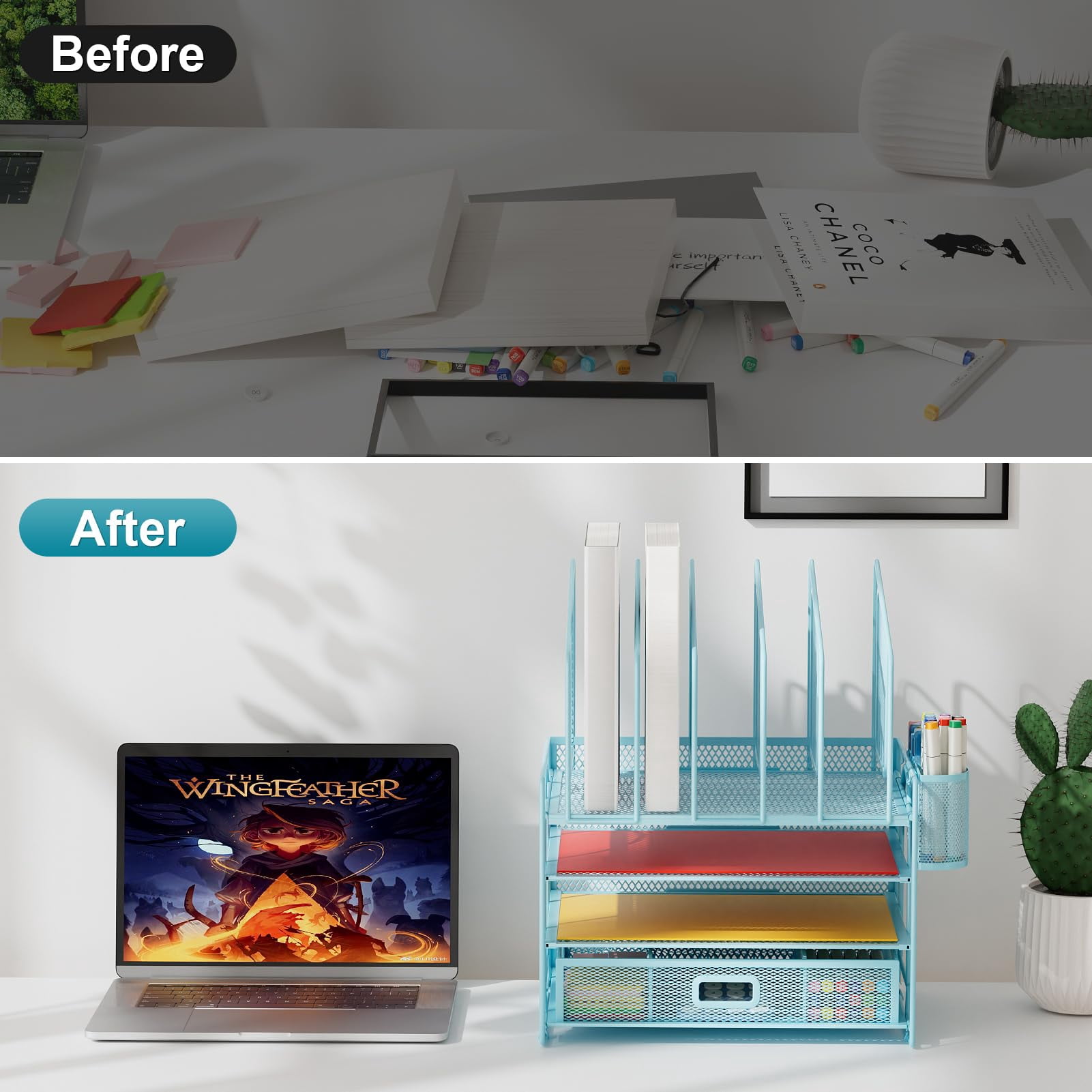 Desk Organizers  4-tier Mesh File Organizer With 5 Vertical Holders And 2 Pen Multifunction Desktop Accessories For Home Office (blue)