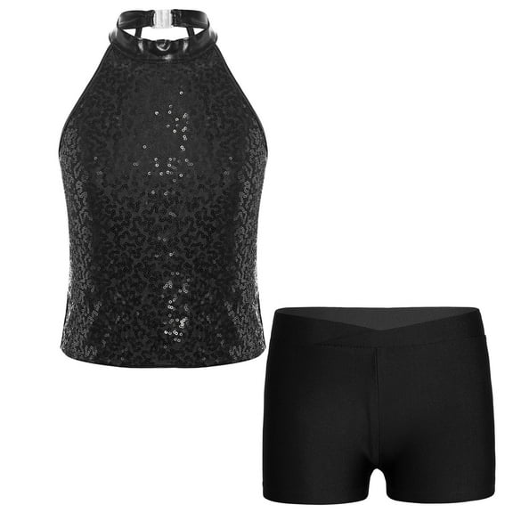 YONGHS Kids Girls Sequins Dance Outfits Sleeveless Halter Crop Tops with Gym Dance Shorts Set Black 10