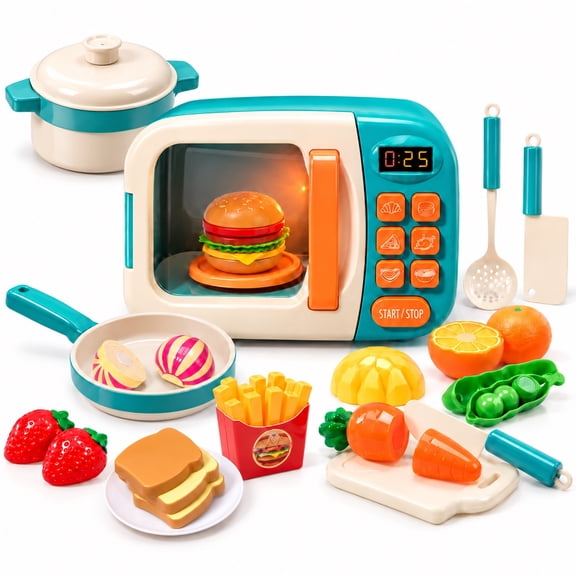 CUTE STONE Microwave Pretend Play Set, Electronic Oven with Play Food, Cookware & Utensils, ABS Kitchen Set for Girls and Boys