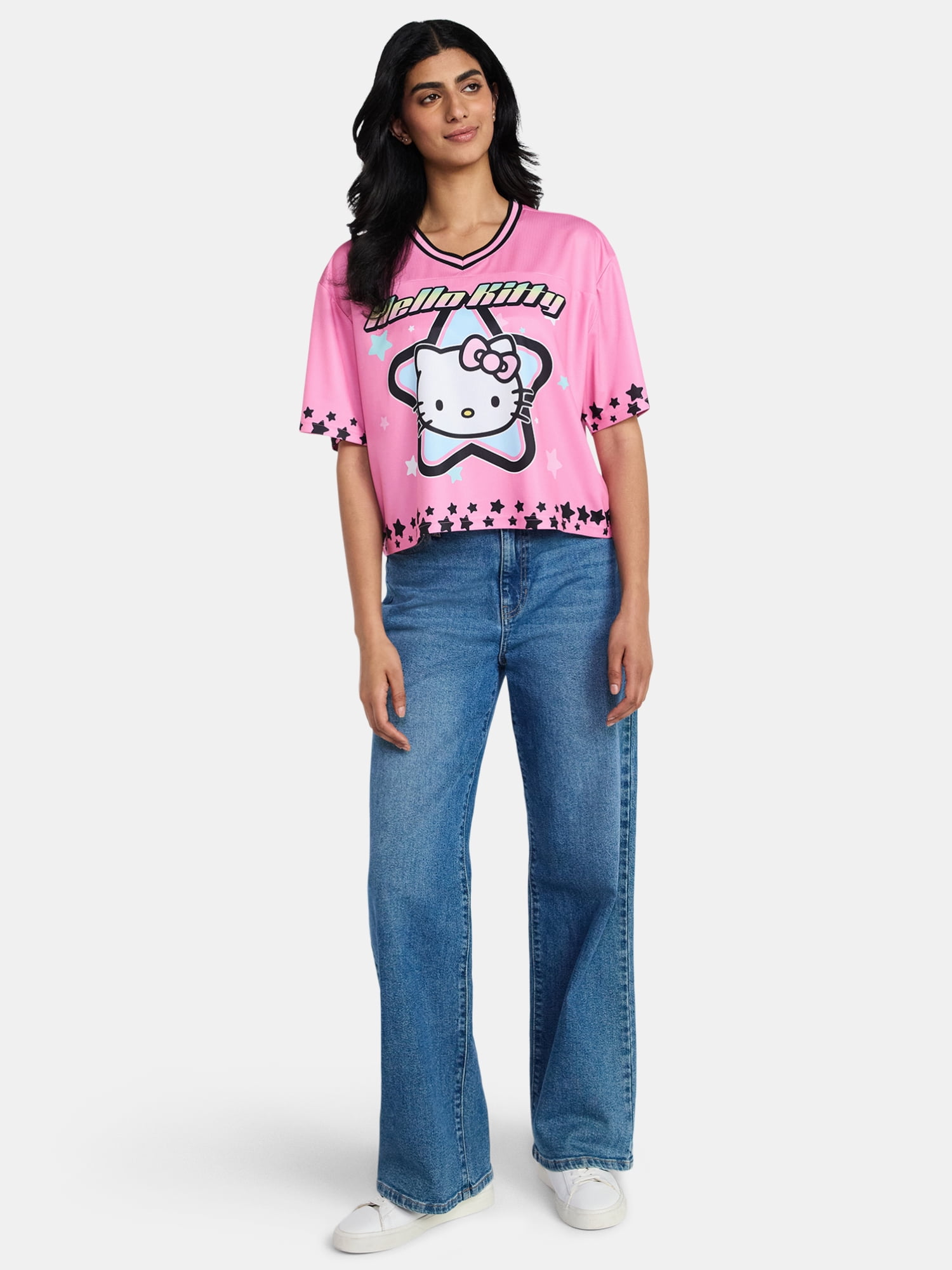 Hello Kitty Women's Plus Cropped Front Back Graphic Football Jersey, Sizes XXS-4X