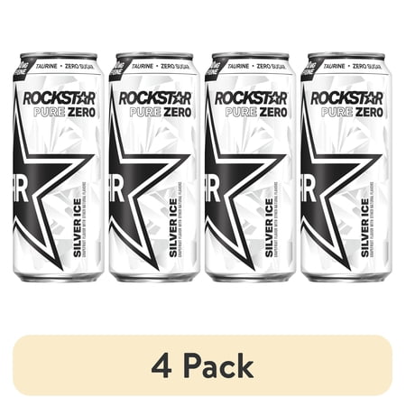(4 pack) Rockstar Pure Zero Silver Ice Flavored Energy Drink, 16 fl oz