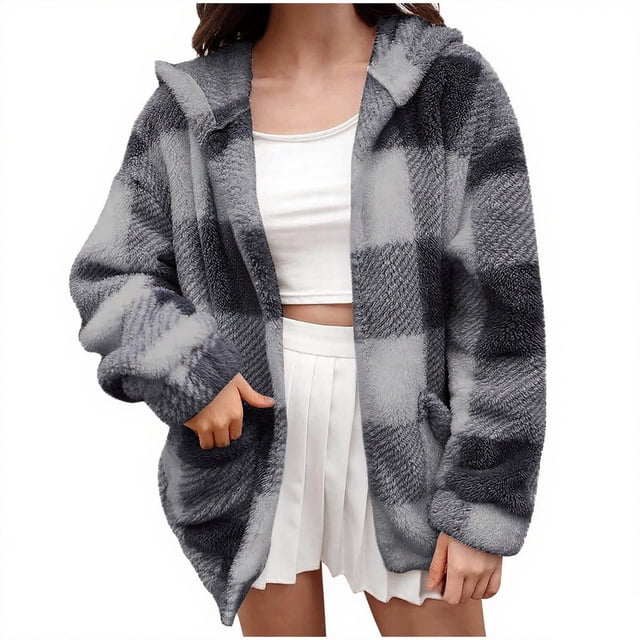 aohooy Women Plaid Fleece Jacket - Oversized Open Front Hooded Fleece with Pockets Fall Winter Dark Gray,S